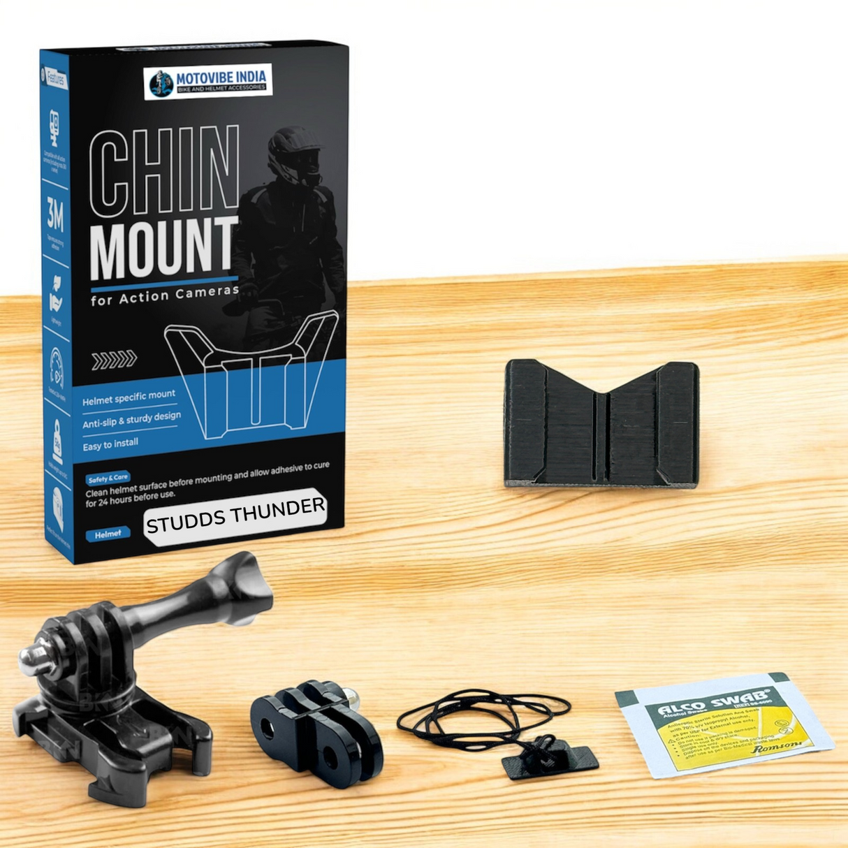 Studds Thunder helmet chin mount installed on motorcycle helmet for GoPro recording