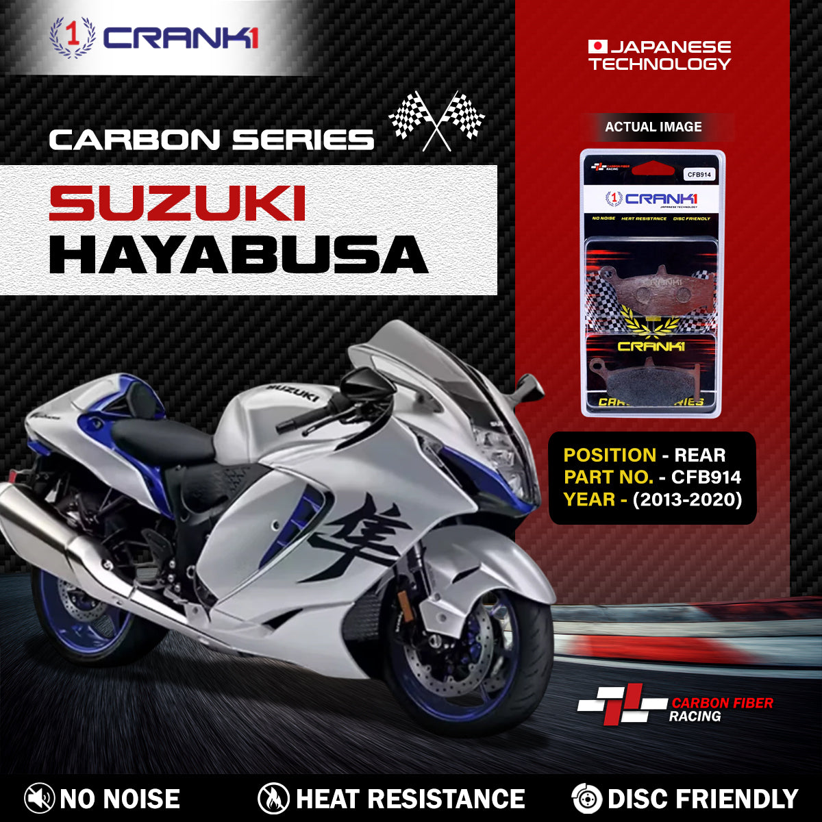 CRANK1 CFB914 Carbon Brake Pads for Suzuki Hayabusa 2013-2020 Rear
