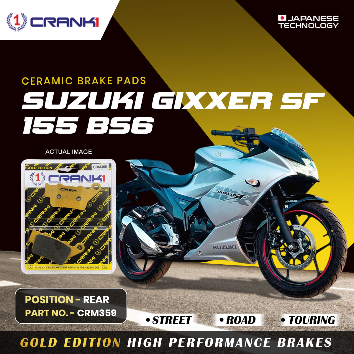 CRANK1 CRM359 ceramic rear brake pads for Suzuki Gixxer SF 155 BS6