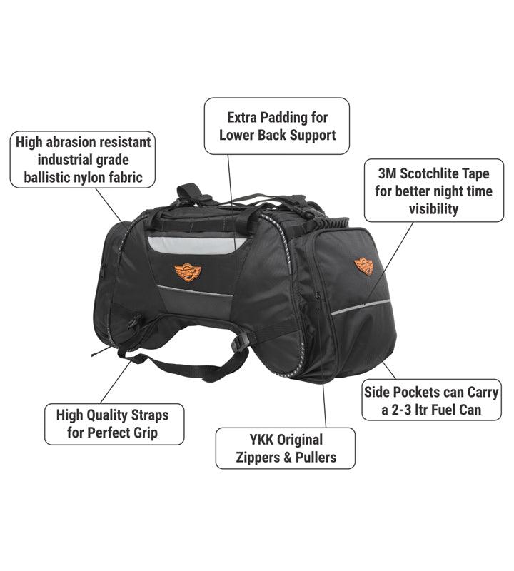 Guardian Gears Rhino Mini 50L Motorcycle Tail Bag with waterproof rain cover mounted on a touring motorcycle