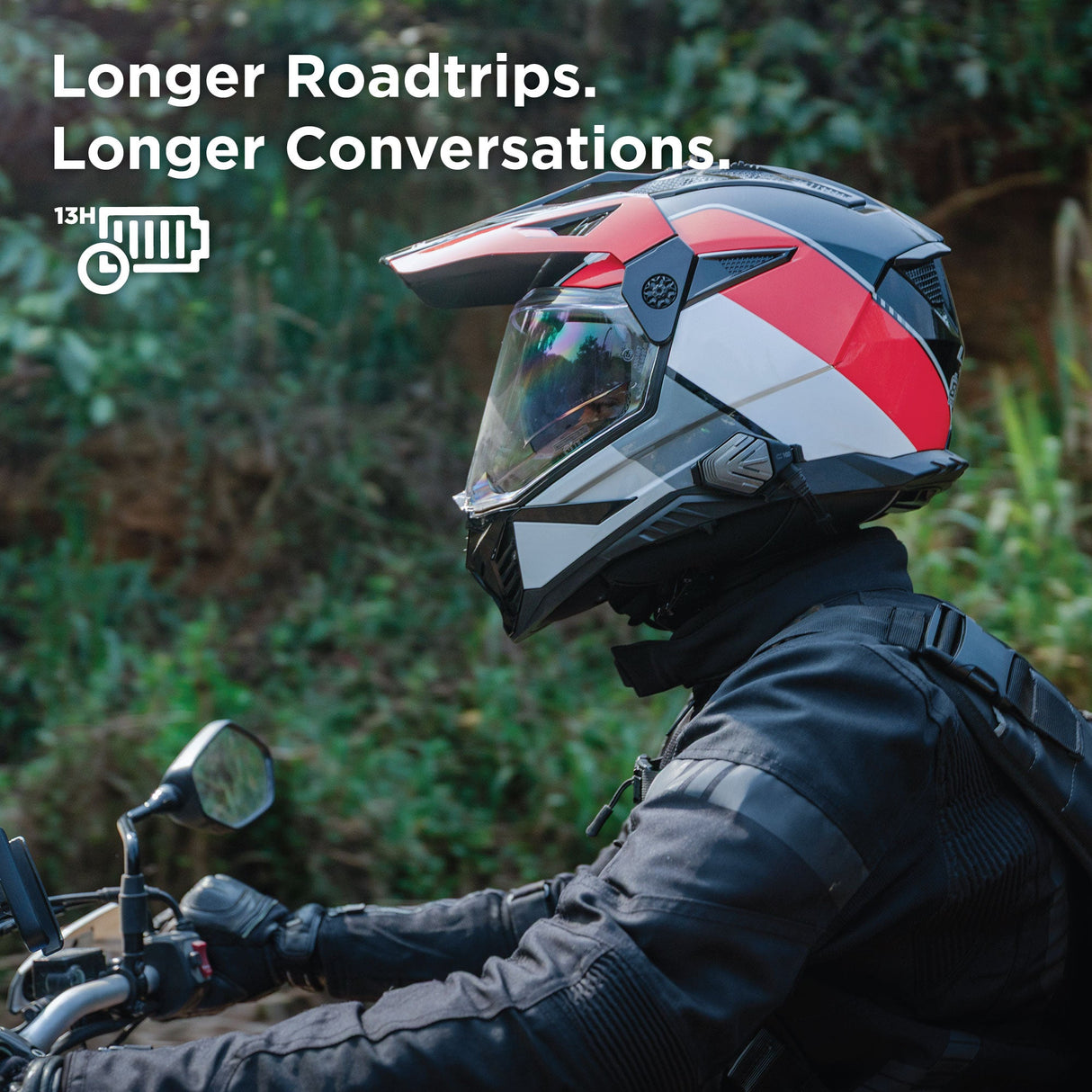 BluArmor C10 motorcycle Bluetooth intercom mounted on helmet for calls, music, and GPS navigation for riders