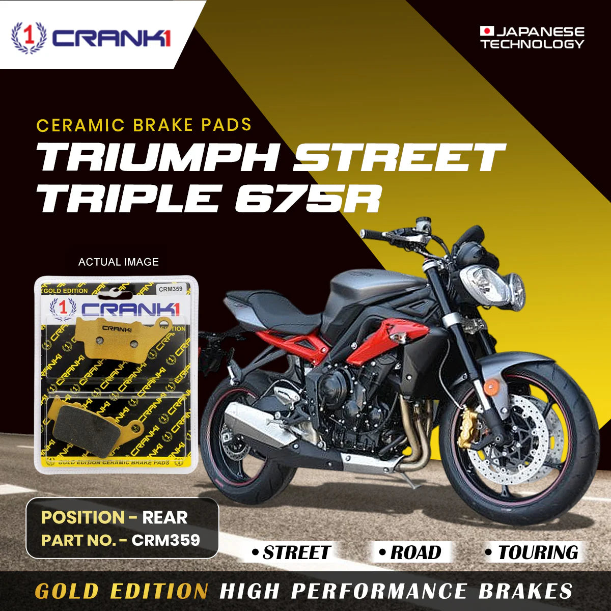 CRANK1 CRM359 Ceramic Rear Brake Pads for Triumph Street Triple 675 R HH Rated Motorcycle Brake Pads