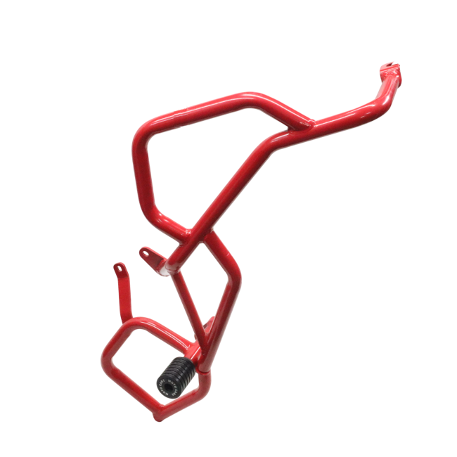 MotoCare red upper lower crash guard for TVS Apache RTX 300 engine and frame protection installed on motorcycle