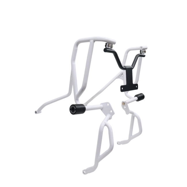 MotoCare white upper lower crash guard installed on Hero XPulse 210 protecting engine and frame