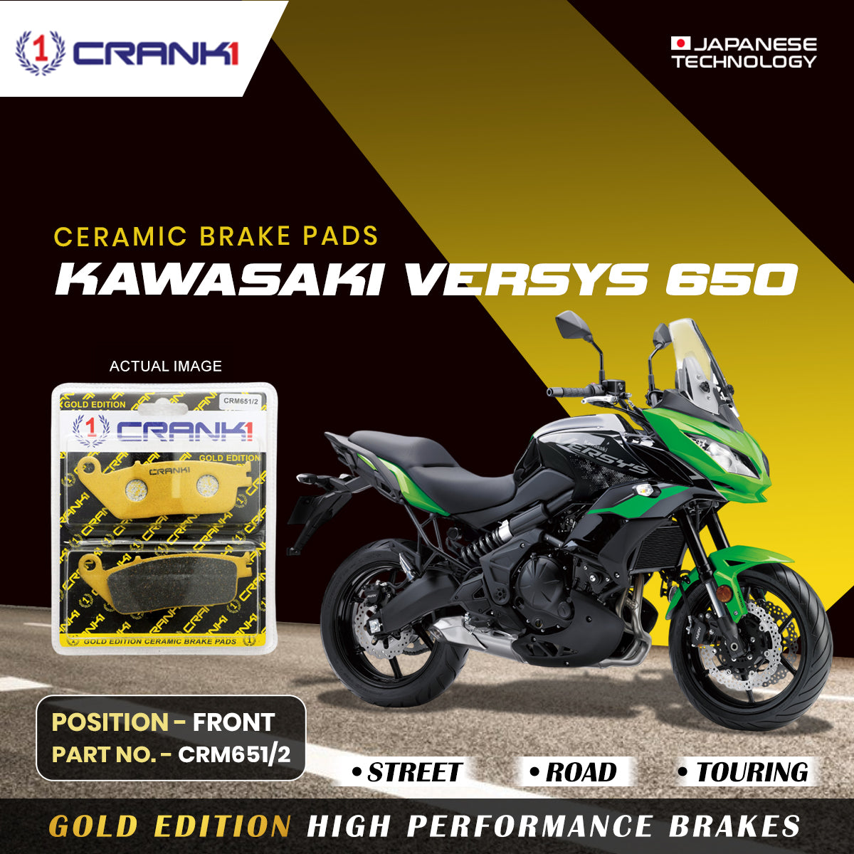 CRANK1 Ceramic Front Brake Pads CRM651/2 for Kawasaki Versys 650 HH Rated Dual Disc Brake Pads (2 Sets)