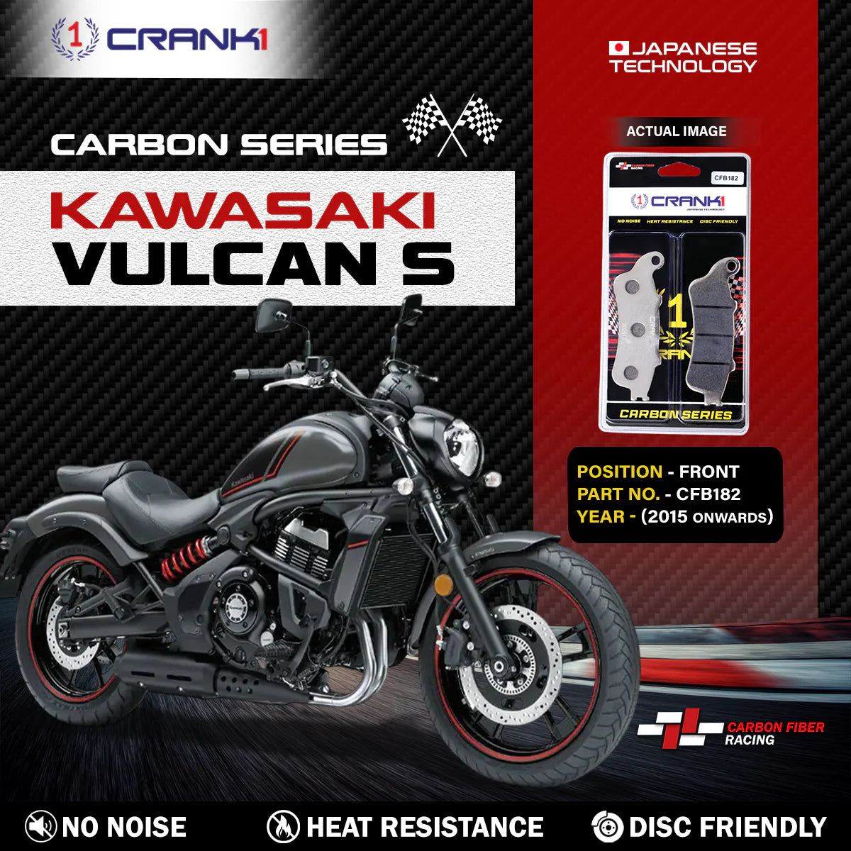 CRANK1 Carbon Brake Pads CFB182 for Kawasaki Vulcan S Front