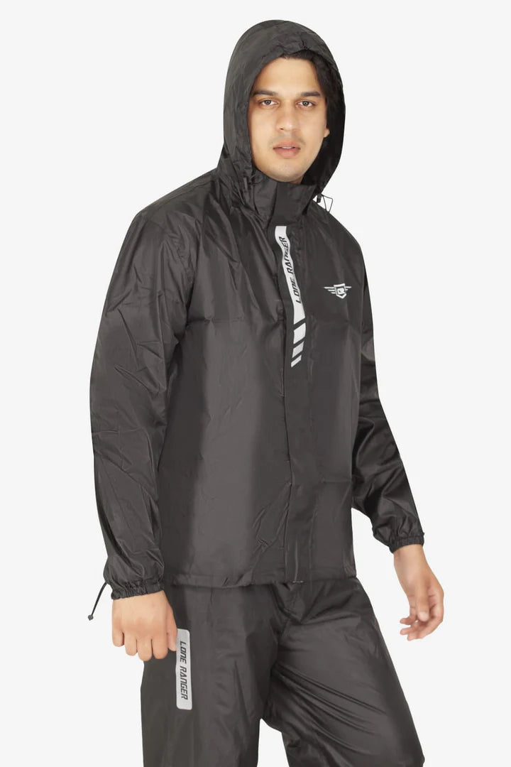 Lone Ranger Black Waterproof Motorcycle Rain Suit Jacket and Pants Set with Reflective Strips