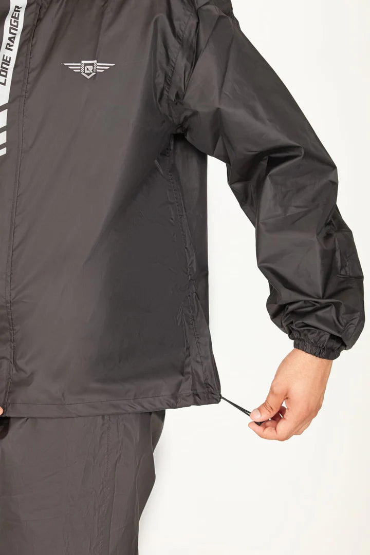 Lone Ranger Black Waterproof Motorcycle Rain Suit Jacket and Pants Set with Reflective Strips