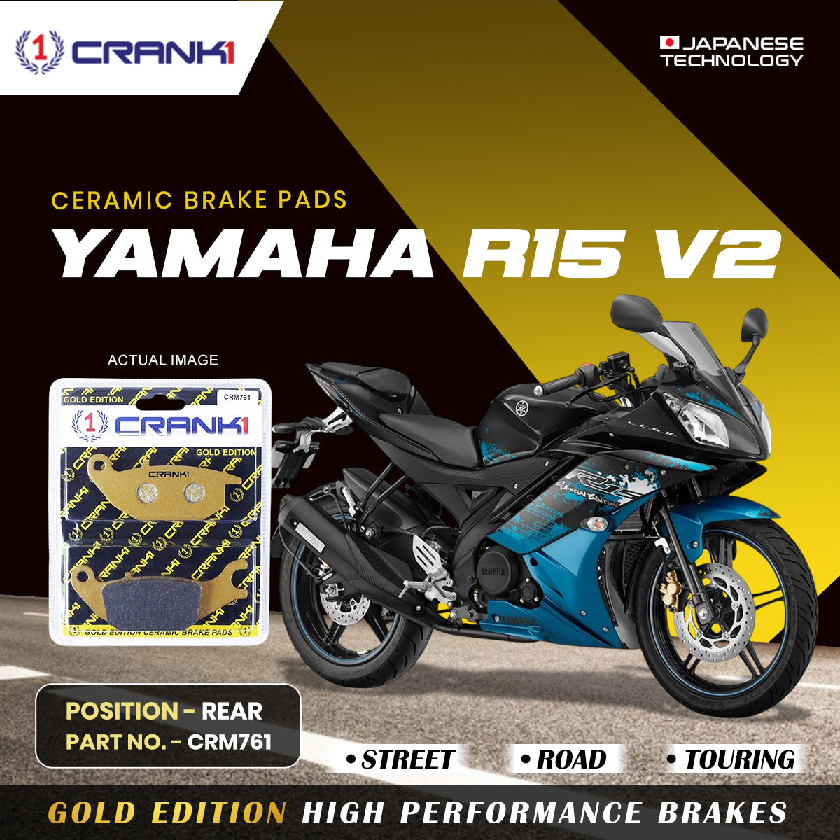 CRANK1 Ceramic Rear Brake Pads CRM761 for Yamaha R15 V2 HH Rated Disc Brake Pads