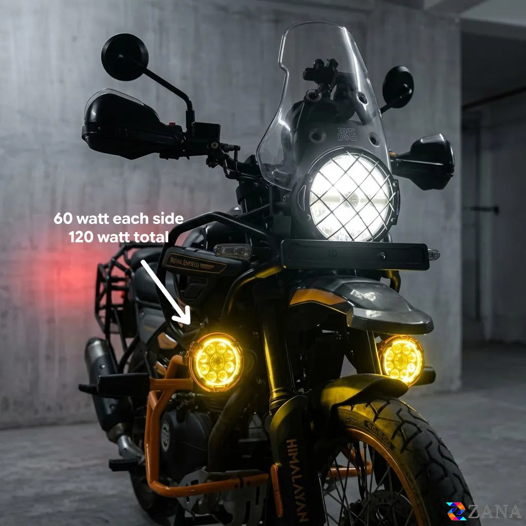 ZANA Universal DRL-R 60 120W LED Motorcycle Fog Lights with Dual Colour DRL, Amber Covers, Black Covers and Complete Wiring Kit | Legendary Custom