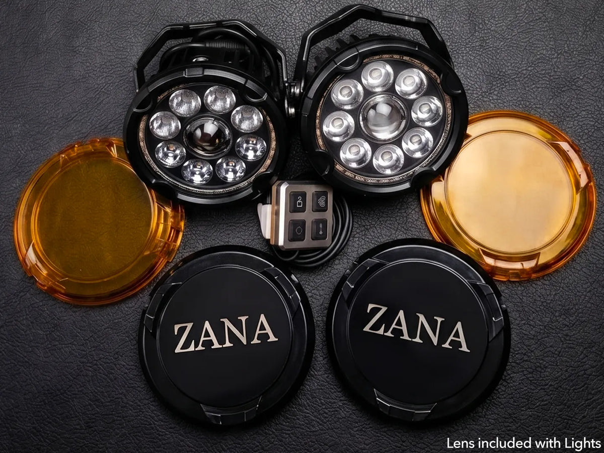 ZANA Universal DRL-R 60 120W LED Motorcycle Fog Lights with Dual Colour DRL, Amber Covers, Black Covers and Complete Wiring Kit | Legendary Custom