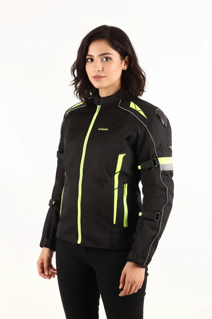 Lone Ranger Women Addon Pro Black Neon Green Level 2 Armored Motorcycle Riding Jacket
