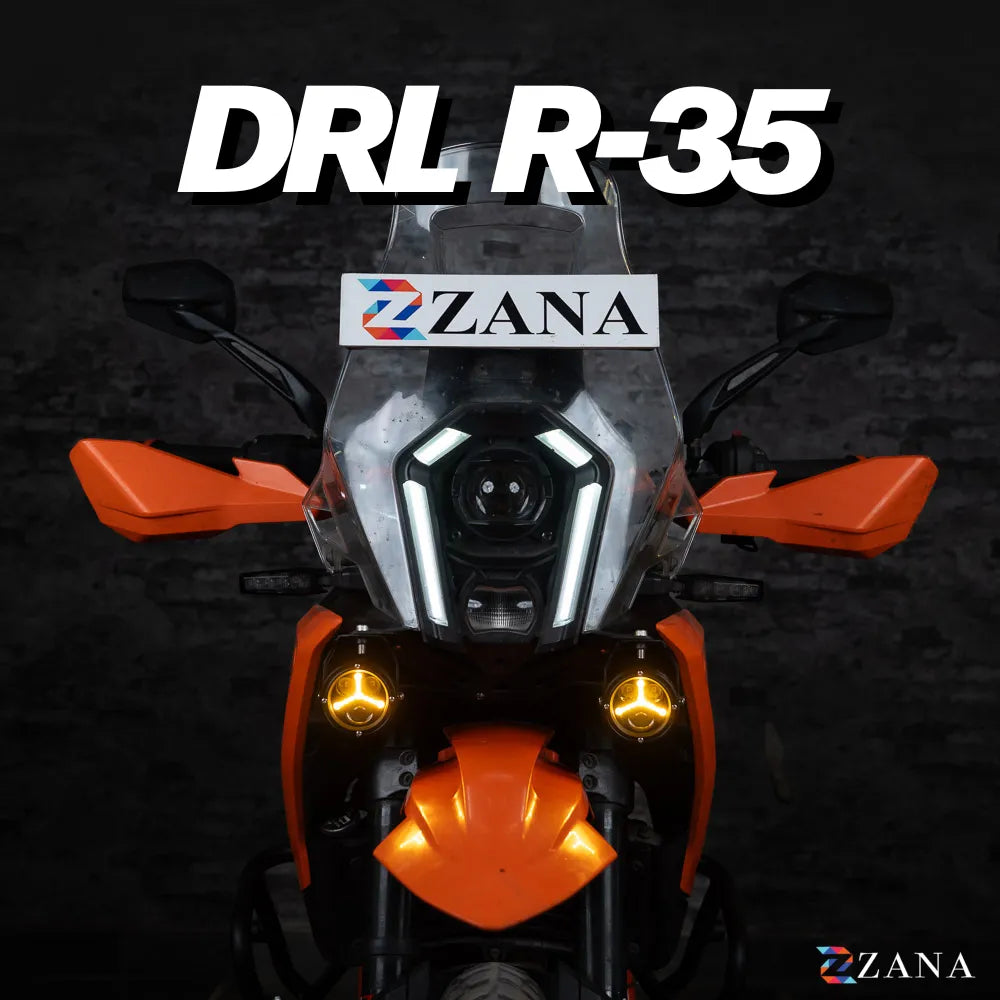 ZANA Universal DRL R-35 70W LED Motorcycle Fog Lights with Amber DRL, Yellow & White Beam Modes, Wiring Harness and Crash Guard Clamps | Legendary Custom