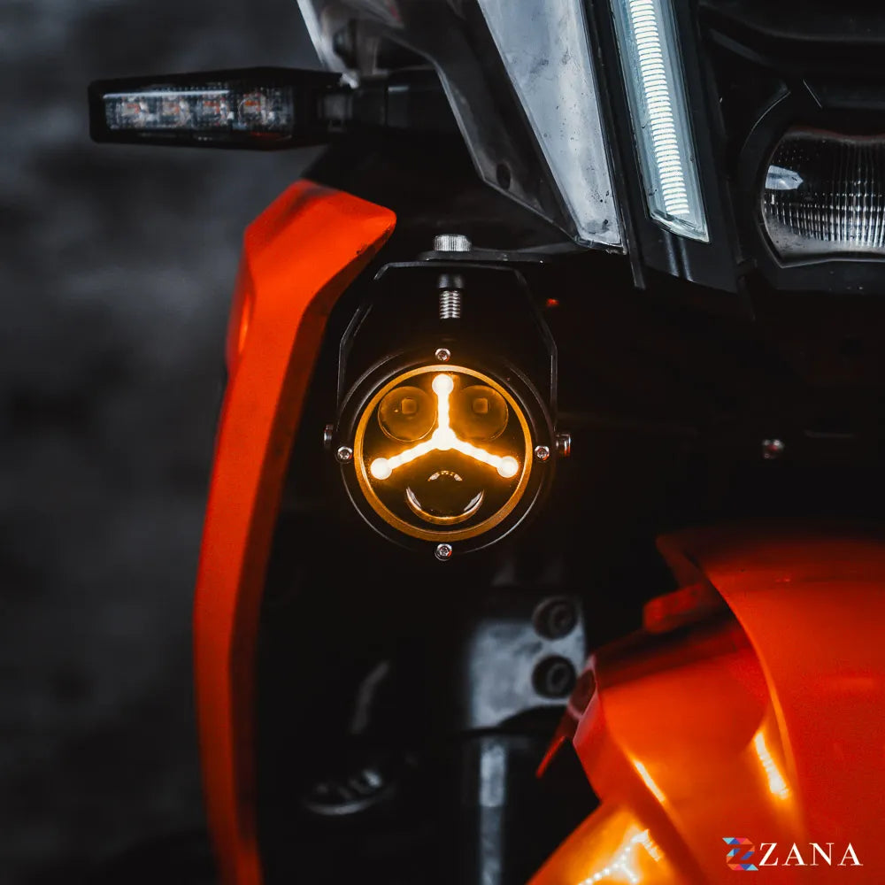 ZANA Universal DRL R-35 70W LED Motorcycle Fog Lights with Amber DRL, Yellow & White Beam Modes, Wiring Harness and Crash Guard Clamps | Legendary Custom