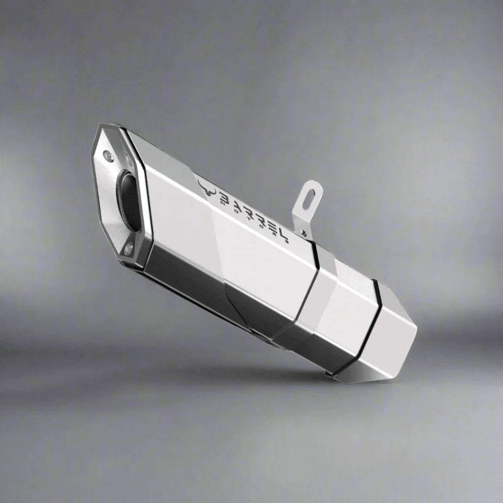 Barrel Rogue 2.0 stainless steel slip-on motorcycle exhaust available in black and steel finishes