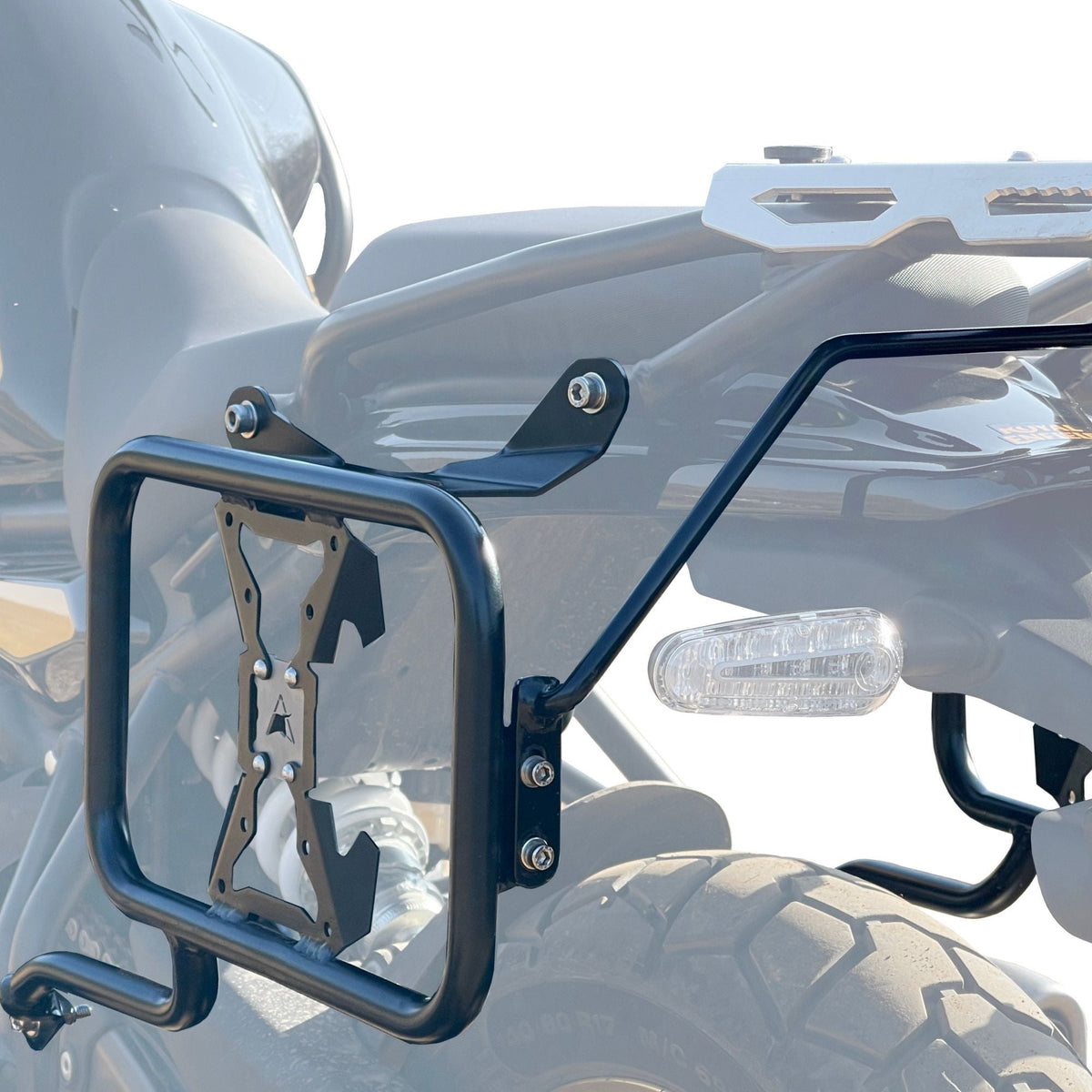 Auto Engina Pannier and Saddle Stay installed on Royal Enfield Himalayan 450 for hard panniers and soft luggage support