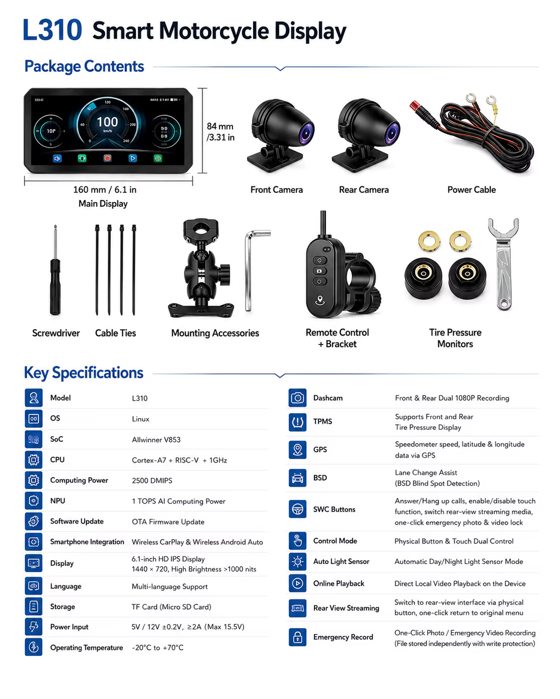 LBC Moto B3 Elite smart motorcycle display with dual 1080P cameras, TPMS sensors and remote control