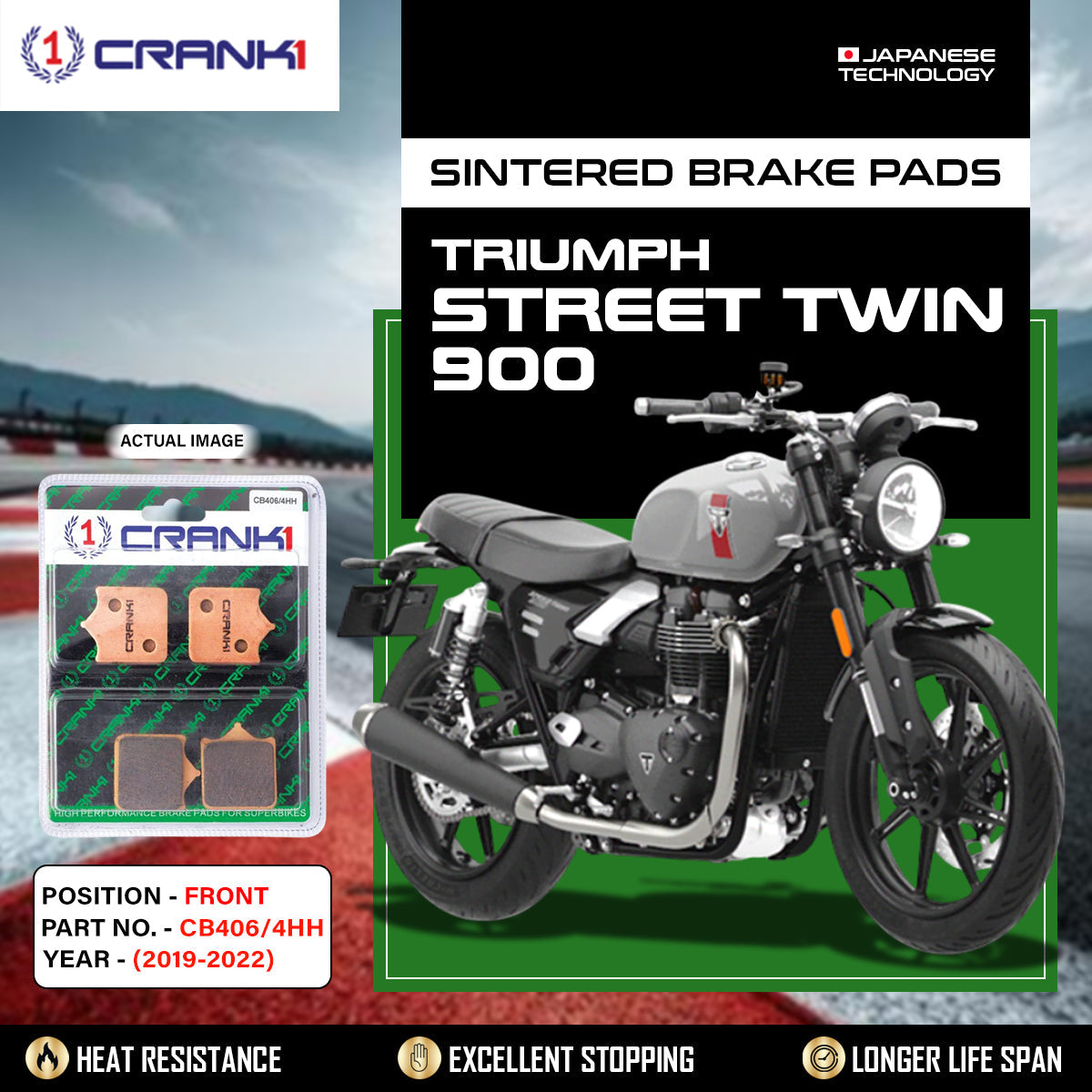 CRANK1 Sintered Brake Pads for Triumph Street Twin 900 (2019-2022) - Front - CB406/4 - 1 Set