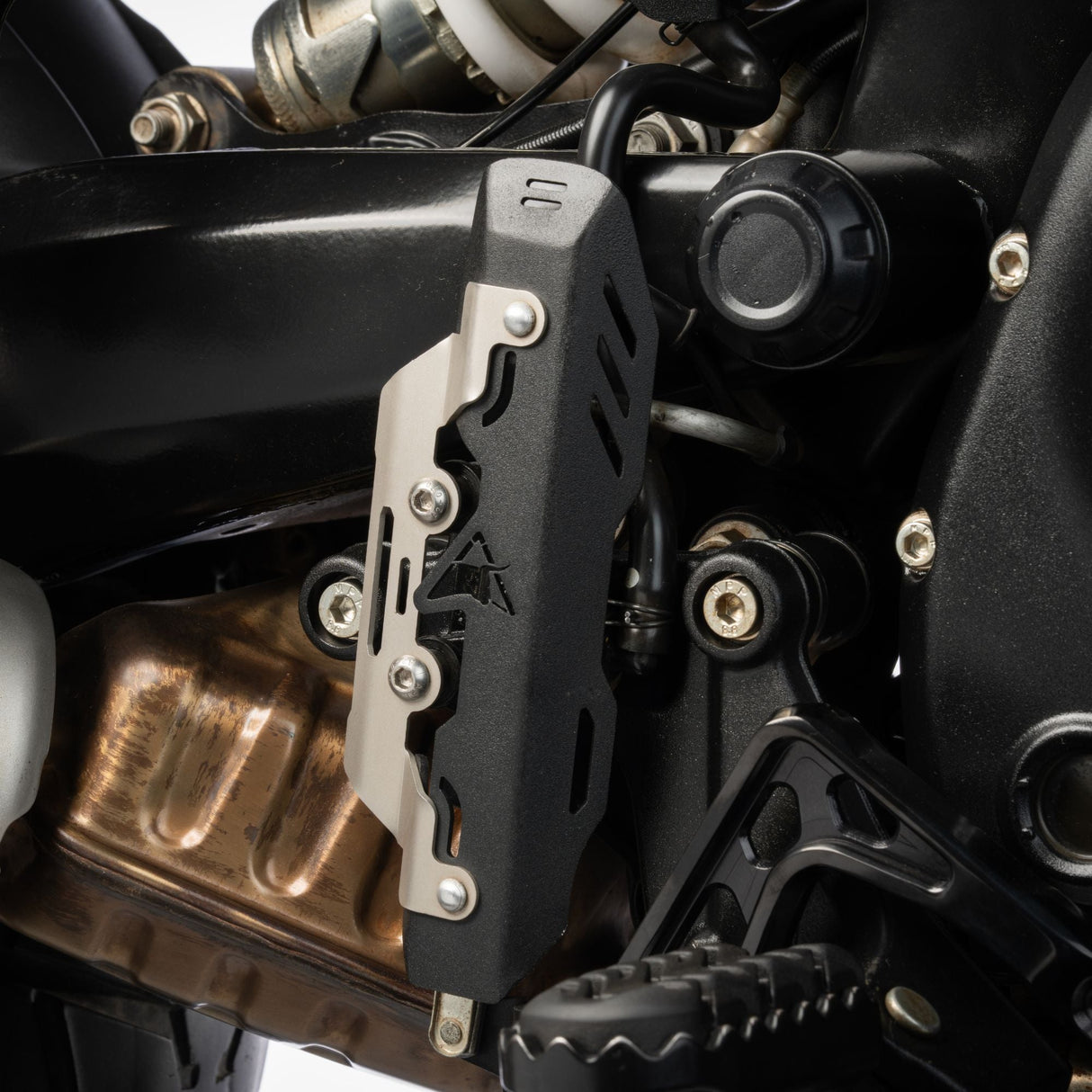 Auto Engina Master Cylinder Guard for Royal Enfield Himalayan 450 in textured matte black with stainless steel detailing
