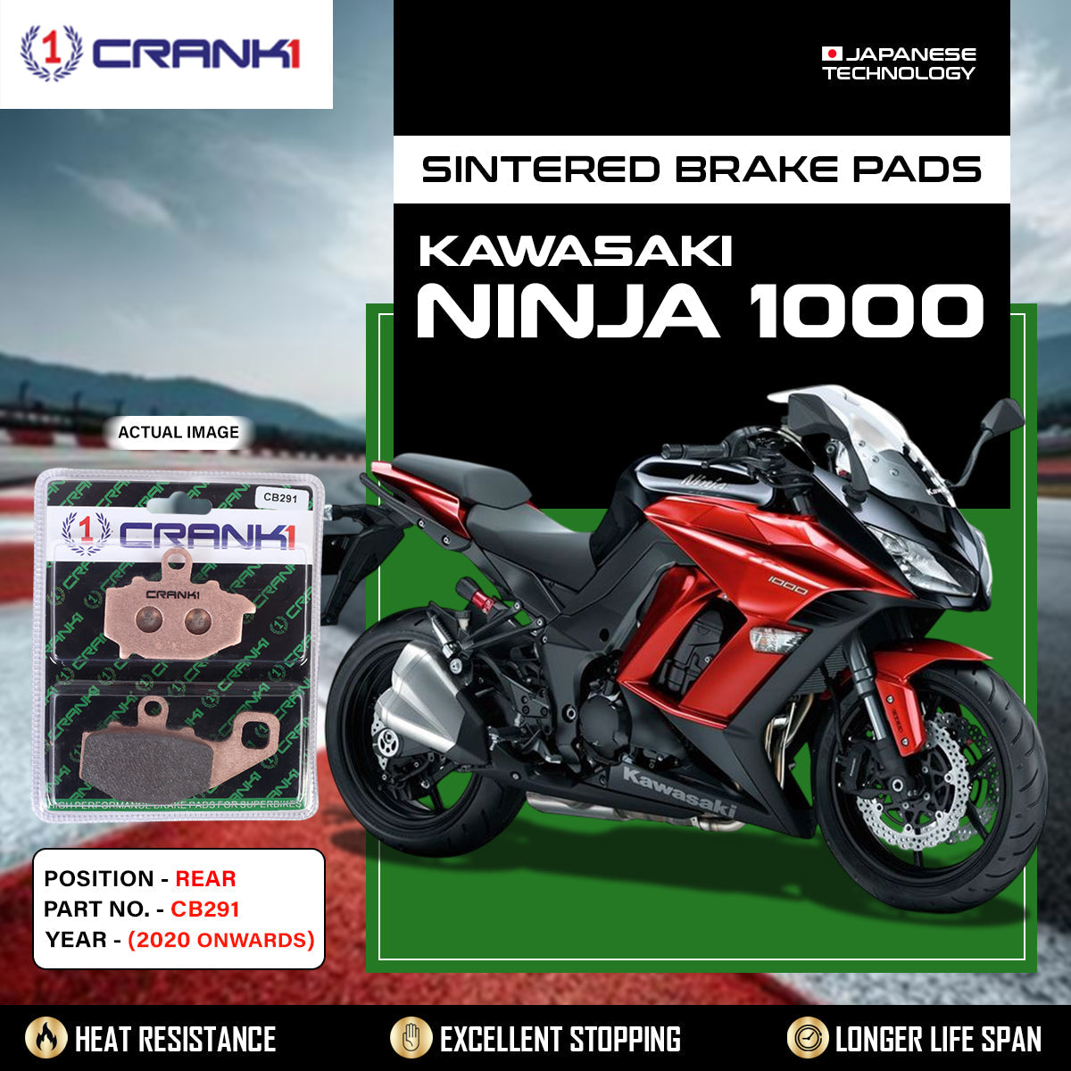 CRANK1 CB291 Sintered Rear Brake Pads for Kawasaki Ninja 1000 (2020 Onwards) | LEGUNDARY Custom