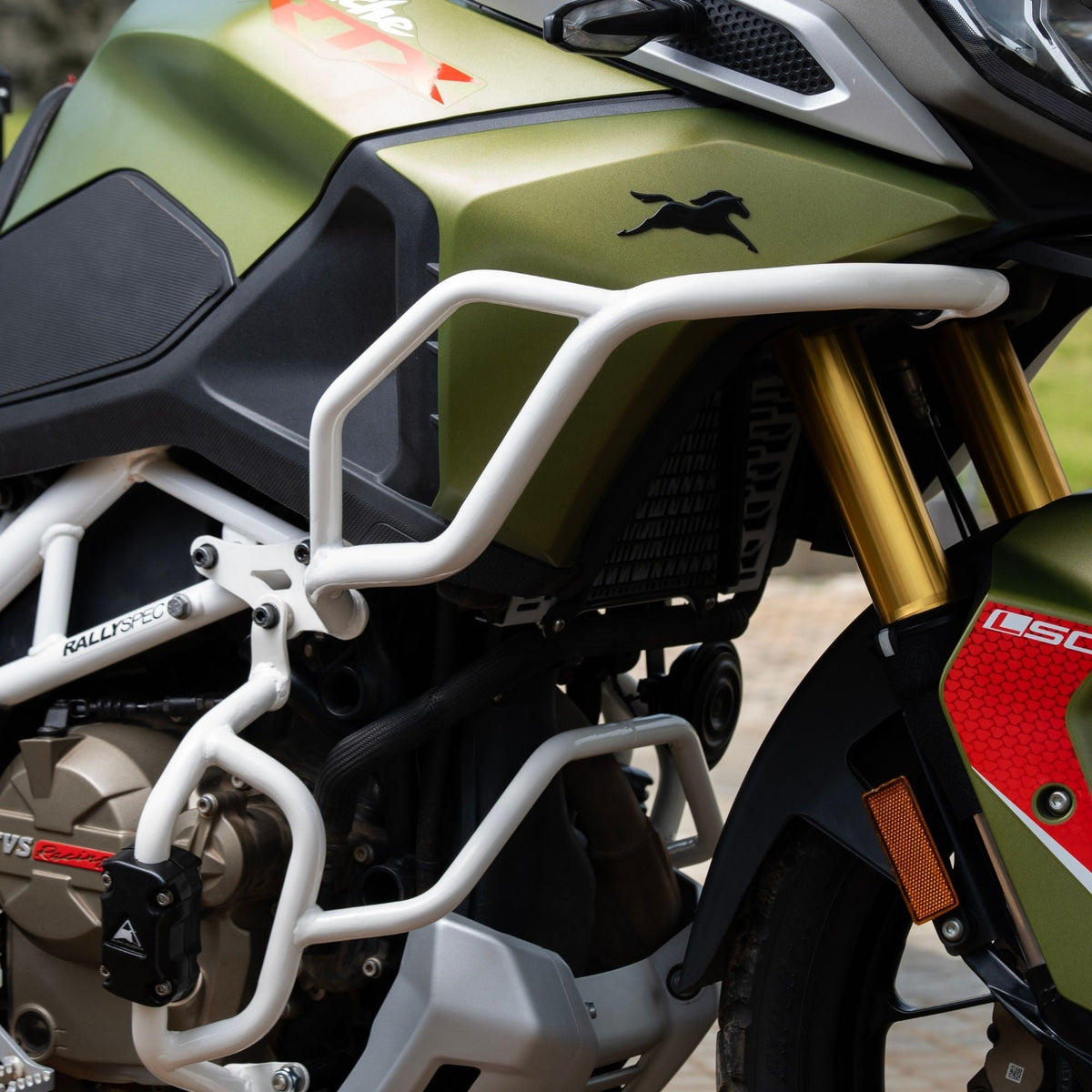 Auto Engina Crash Guard for TVS Apache RTX 300 Tank and Engine Guard with Polyamide Sliders Gloss White