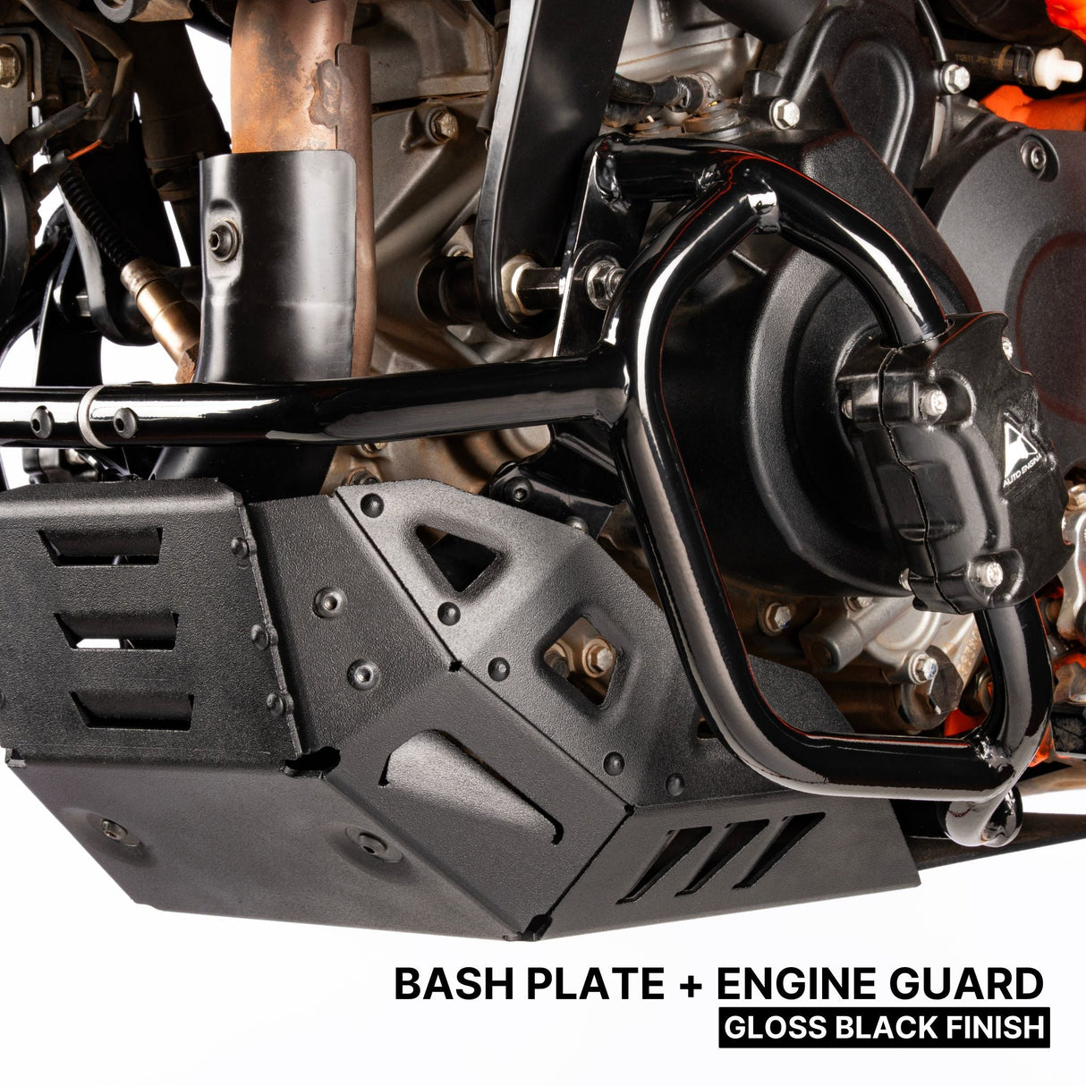 Auto Engina Bash Plate and Engine Guard Combo for 2026 KTM 390 Enduro R in Texture Black and Gloss Black with complete engine and underbody protection