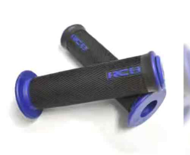 RCB HG66 rubber motorcycle handle grip set with anti-slip honeycomb or diamond-grid texture, available in Blue, Red and Grey for compatible 22mm handlebars.