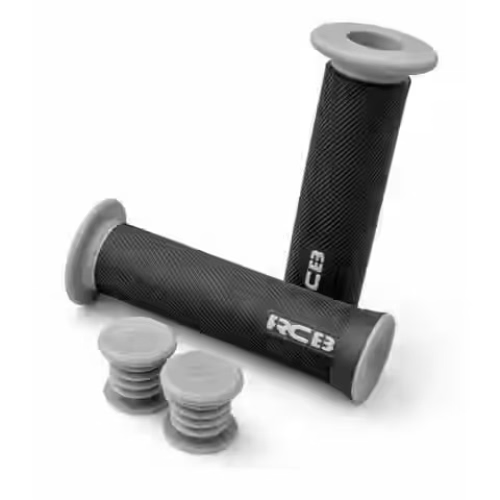 RCB HG66 2-Tone Rubber Motorcycle Handle Grip Set in Grey, Red and Blue, models 01HG028J, 01HG028R and 01HG028A, with anti-slip diamond pattern for compatible 22mm handlebars.