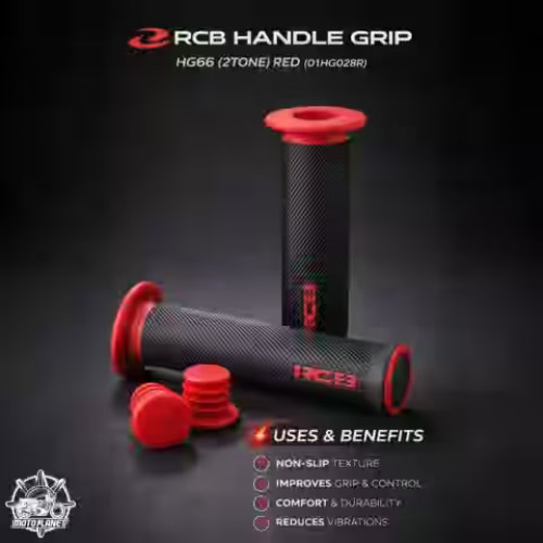 RCB HG66 2-Tone Rubber Motorcycle Handle Grip Set in Grey, Red and Blue, models 01HG028J, 01HG028R and 01HG028A, with anti-slip diamond pattern for compatible 22mm handlebars.