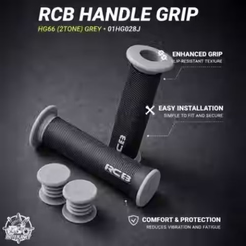 RCB HG66 2-Tone Rubber Motorcycle Handle Grip Set in Grey, Red and Blue, models 01HG028J, 01HG028R and 01HG028A, with anti-slip diamond pattern for compatible 22mm handlebars.