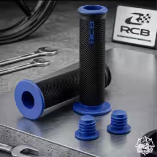 RCB HG66 2-Tone Rubber Motorcycle Handle Grip Set in Grey, Red and Blue, models 01HG028J, 01HG028R and 01HG028A, with anti-slip diamond pattern for compatible 22mm handlebars.