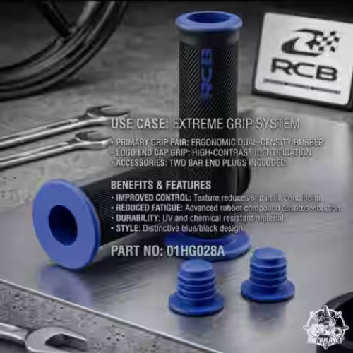 RCB HG66 2-Tone Rubber Motorcycle Handle Grip Set in Grey, Red and Blue, models 01HG028J, 01HG028R and 01HG028A, with anti-slip diamond pattern for compatible 22mm handlebars.