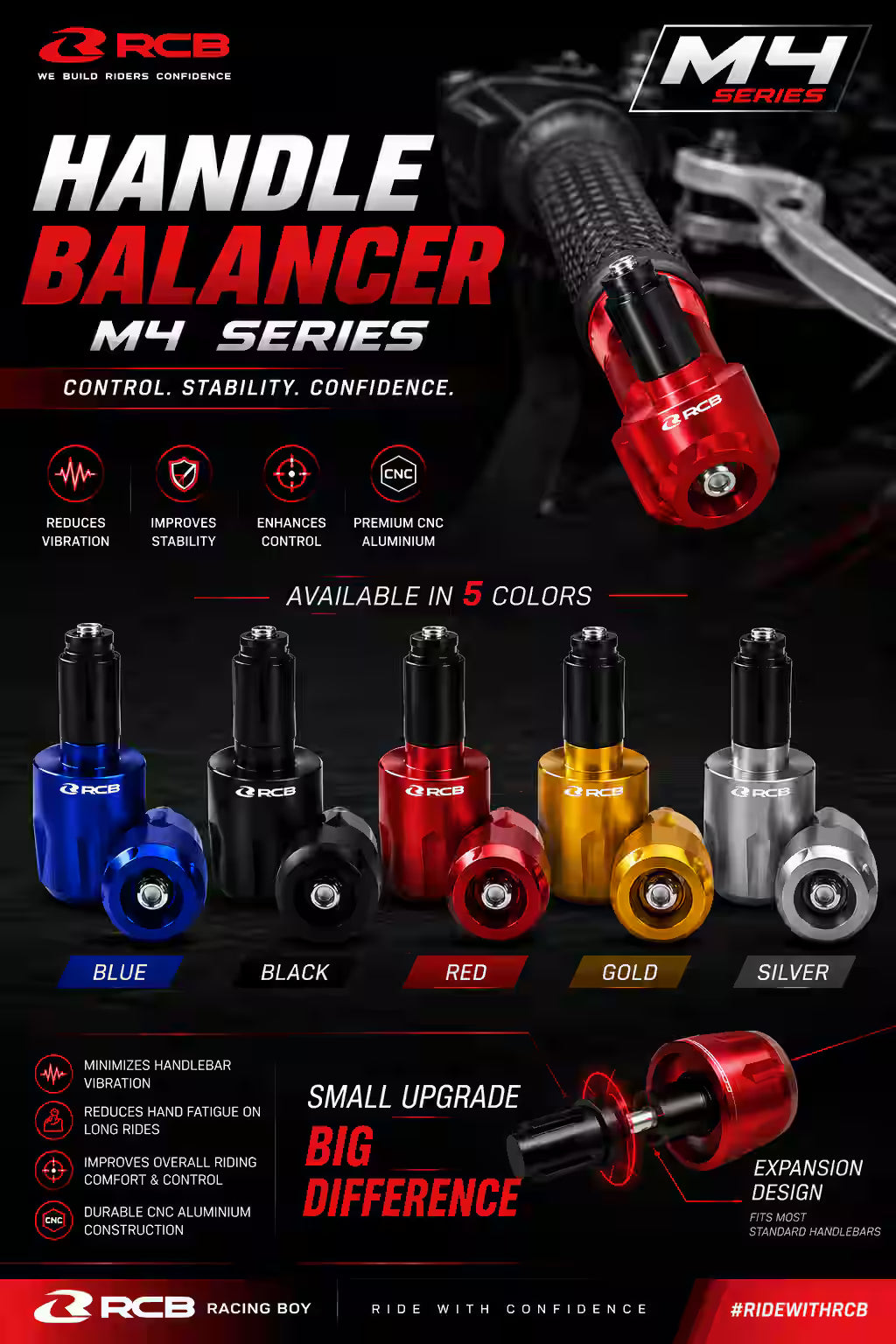 RCB M4 Series 01BL004 CNC alloy motorcycle handlebar end balancer and handlebar weight, available in Red, Silver and Black.