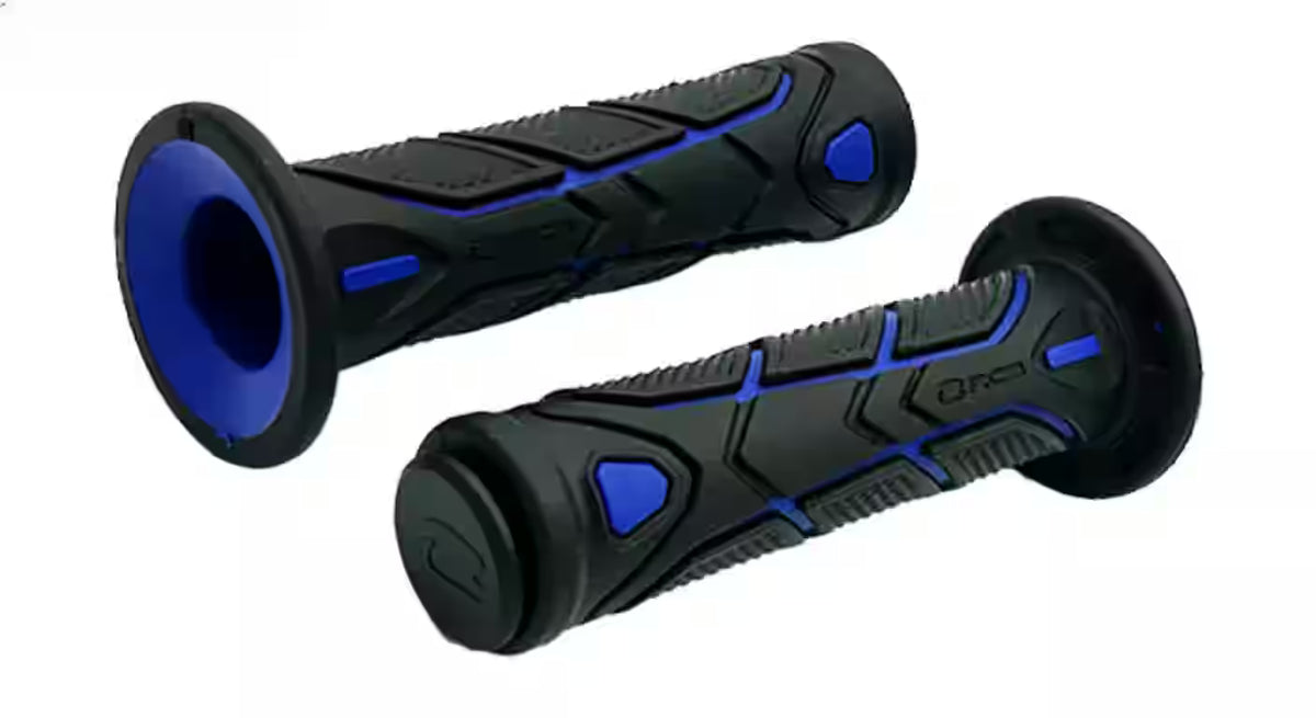 RCB HG99 125mm two-tone motorcycle handle grips in Black/Blue 01HG032A, Black/Grey 01HG032J and Black/Red 01HG032R with dual-surface rubber texture.