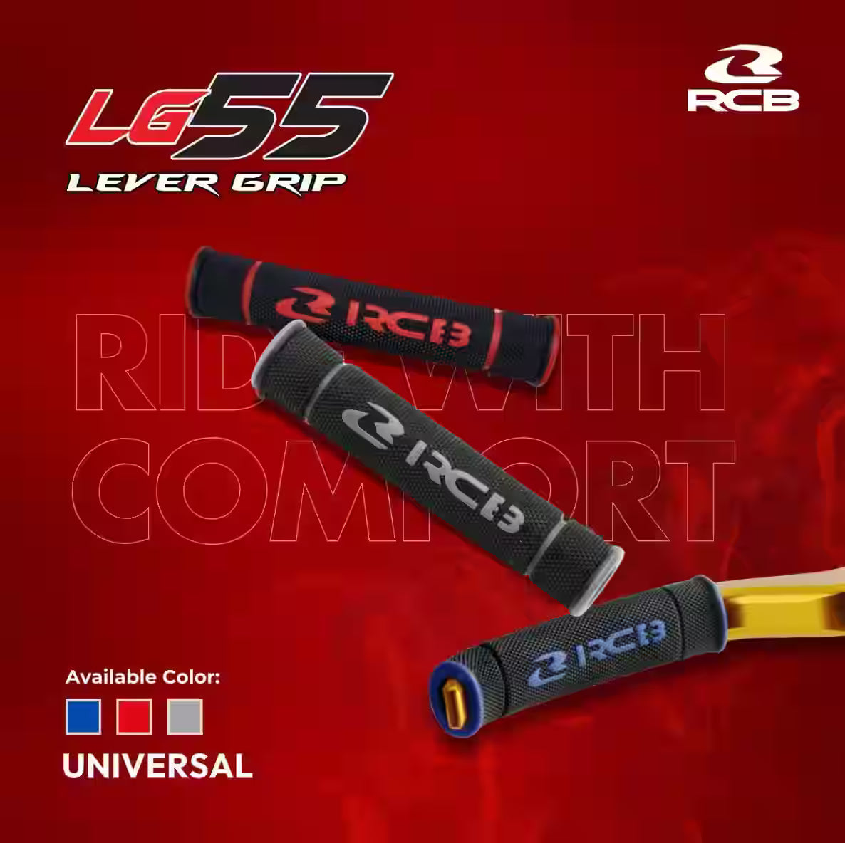 RCB LG55 rubber brake and clutch lever grip covers 01LG001 in Red 01LG001R, Blue 01LG001A and Grey 01LG001J for compatible motorcycle levers.