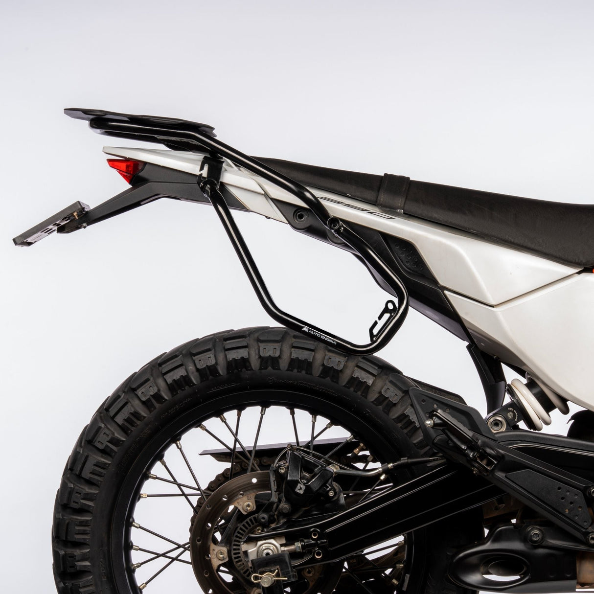 Auto Engina Saddle Stay and Top Rack Combo for 2026 KTM 390 Enduro R with Gloss Black powder-coated soft luggage carrier system