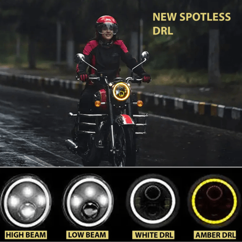 HJG 7 Inch LED Headlight with Spotless and Bright DRL Fits in Royal Enfield (All Model) And Mahindra Thar (12V-80V DC 75w)