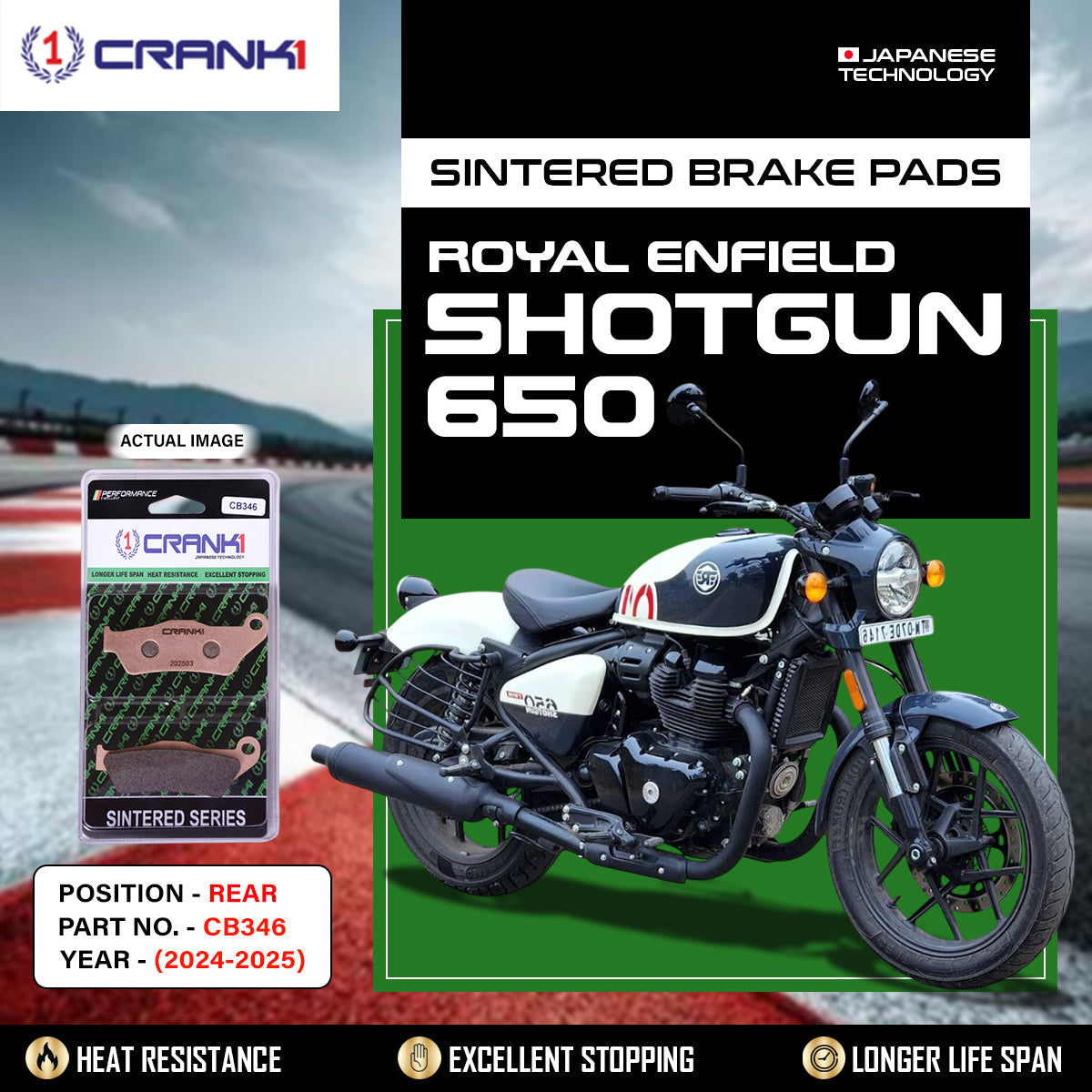 CRANK1 CB346 Sintered Rear Brake Pads for Royal Enfield Shotgun 650 (2024-2025) | LEGUNDARY Custom