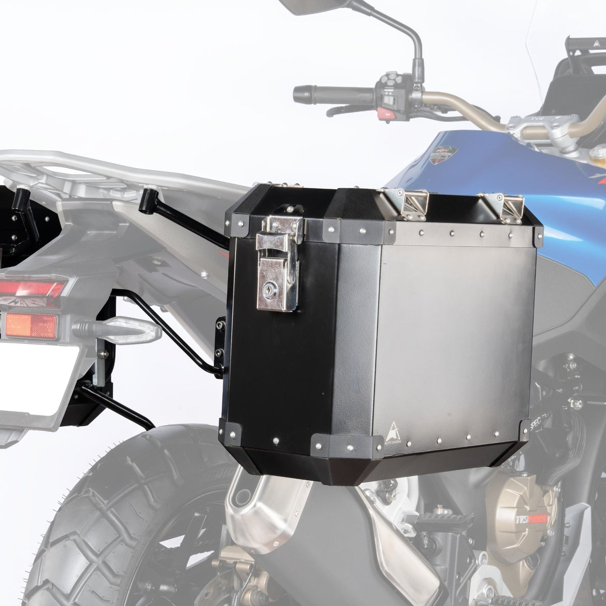Auto Engina 72L Black Aluminium Panniers for TVS Apache RTX 300 Motorcycle