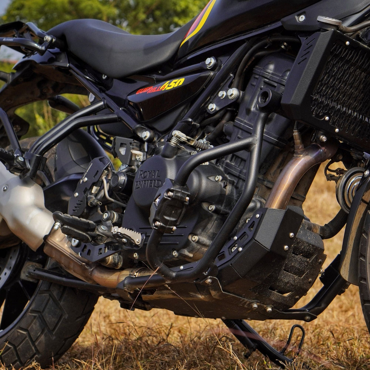 Auto Engina Crash Guard and Leg Guard for Royal Enfield Guerrilla 450 in black with built-in sliders
