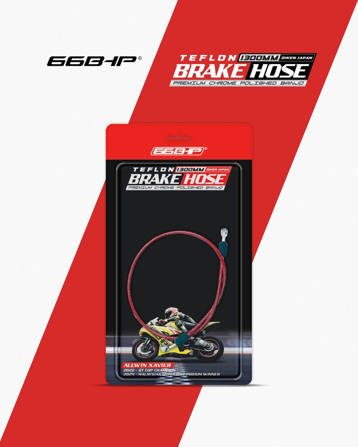 66BHP Teflon Brake Hose 1000mm Red with Chrome Polished Banjo