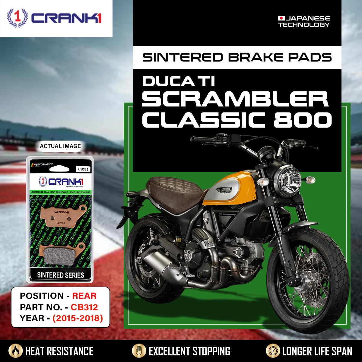 CRANK1 CB312 Sintered Rear Brake Pads for Ducati Scrambler Classic 800 2015-2018, Ducati Scrambler Icon, Monster 797 and Monster 937