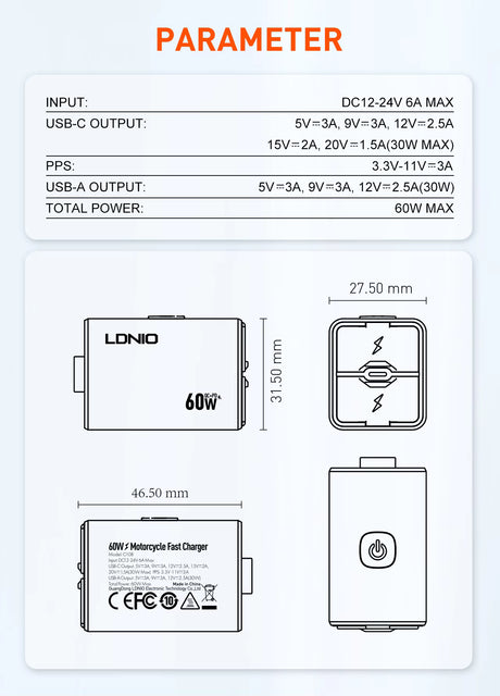 LBC Moto LDNIO C108 60W motorcycle fast charger PD 3.0 QC 3.0 type C USB waterproof bike charging adapter