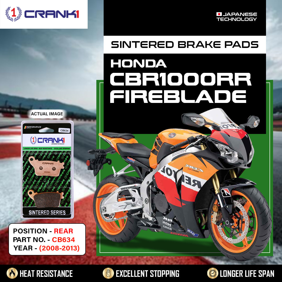 CRANK1 CB634 Sintered Rear Brake Pads for Honda CBR1000RR Fireblade 2008-2013 Motorcycle Brake Pads