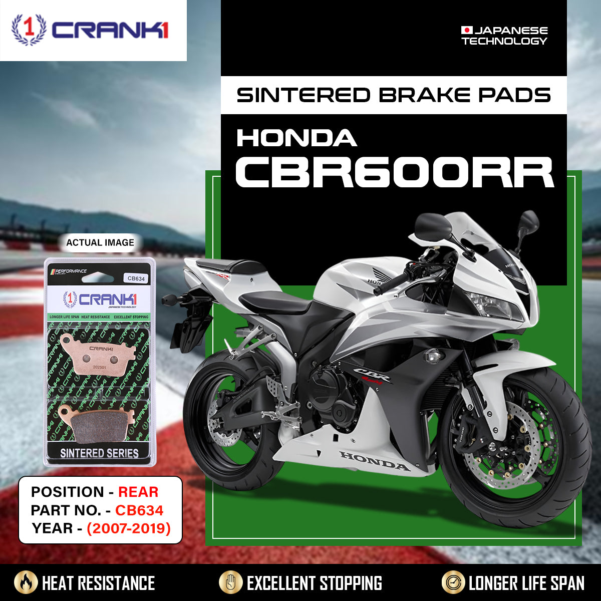 CRANK1 CB634 Rear Sintered Brake Pads for Honda CBR600RR 2007-2019 High Performance Motorcycle Brake Pads