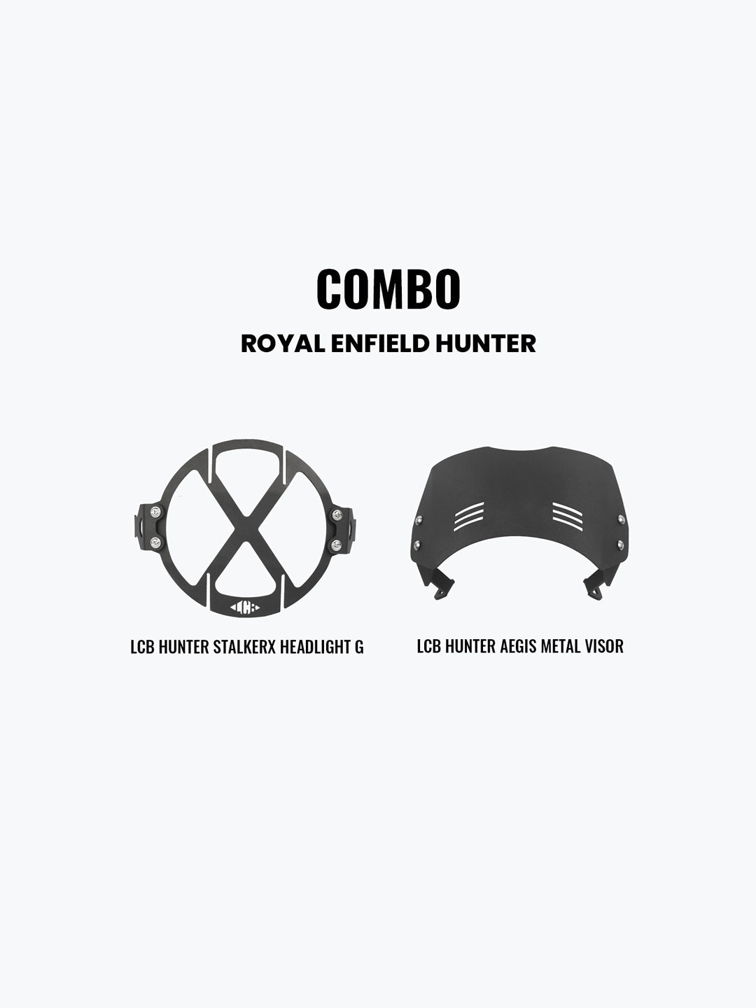 Legundary Custom Hunter 350 headlight grill and Aegis metal visor combo black mild steel front protection styling