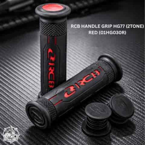 RCB HG77 motorcycle handle grips in single-tone black and two-tone black red, part numbers 01HG029B and 01HG030R