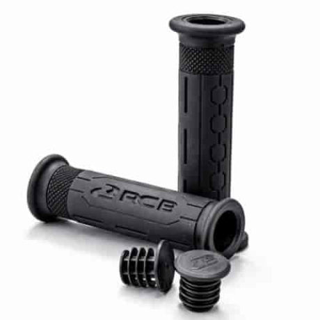 RCB HG77 motorcycle handle grips in single-tone black and two-tone black red, part numbers 01HG029B and 01HG030R