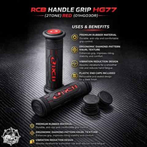 RCB HG77 motorcycle handle grips in single-tone black and two-tone black red, part numbers 01HG029B and 01HG030R