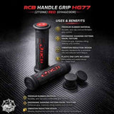 RCB HG77 motorcycle handle grips in single-tone black and two-tone black red, part numbers 01HG029B and 01HG030R